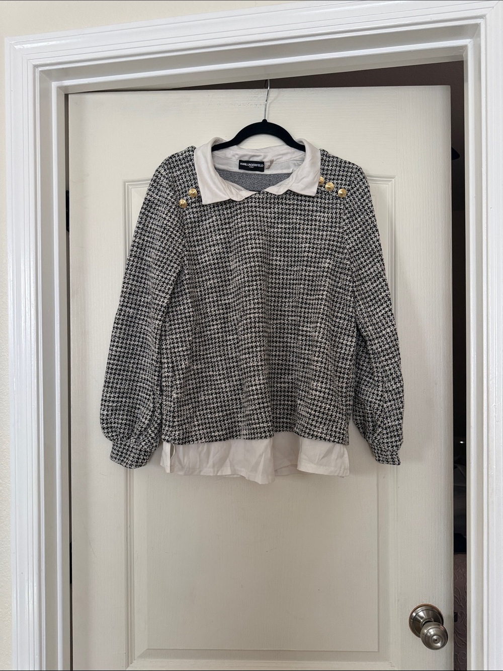 Karl Lagerfeld Black & White Houndstooth Layered-Look Sweater with Gold Buttons